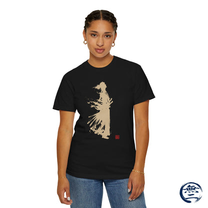 Minimalist Samurai Silhouette Zen T-Shirt - Japanese Calligraphy Kanji Shodo Art - One and Only Garment-Dyed Tee SR3U | MU-NI Japan