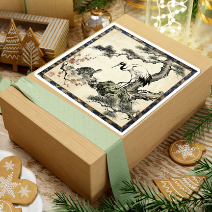 Japanese Crane and Turtle Longevity Sticker -  Pine & Plum Sumi-e Tsuru Kame Lucky Asian Decor | MU-NI Japan