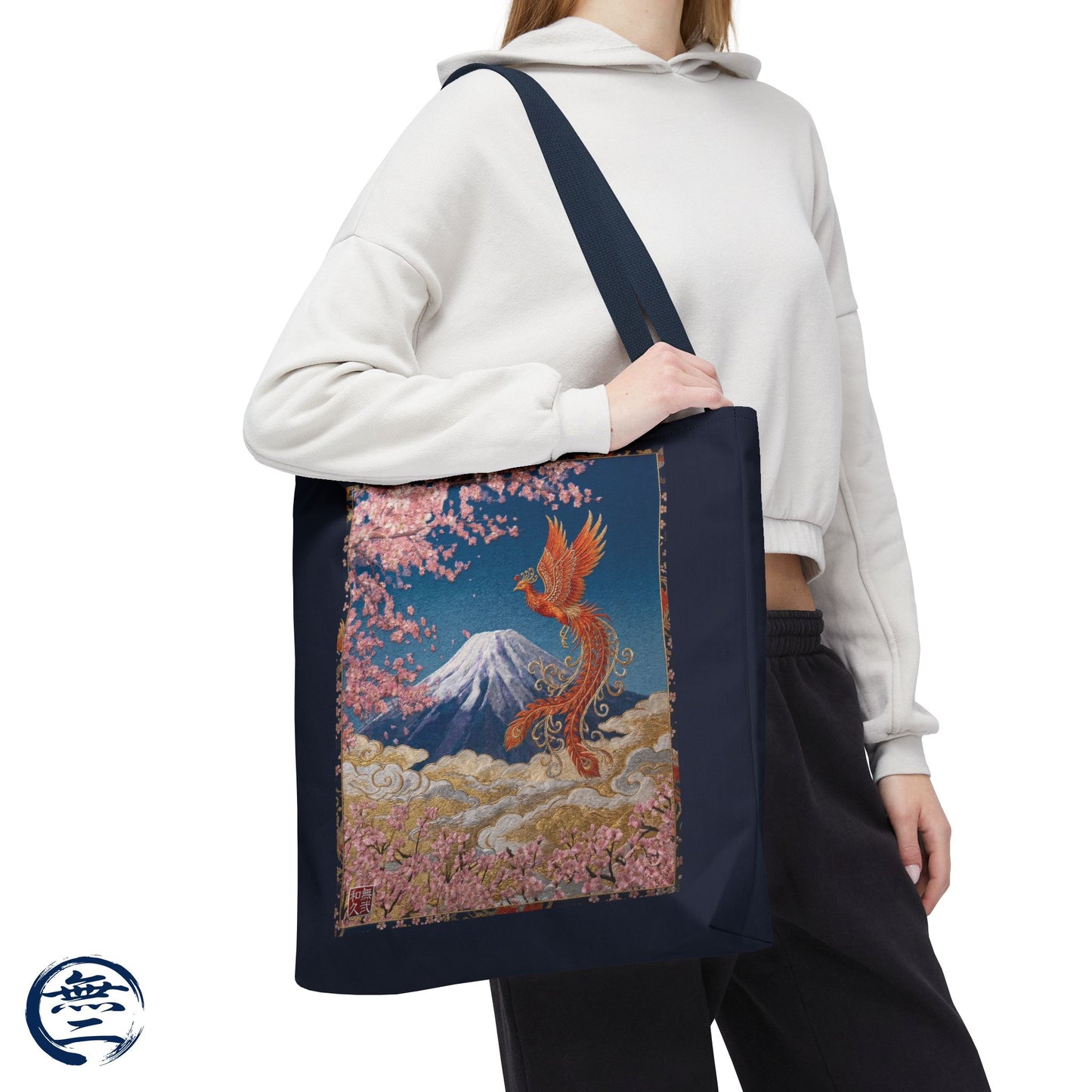 Japanese Phoenix Houou Mt Fuji Sakura Aop Tote Bag - Japandi Zen Aesthetic, Embroidery Texture Style, Mindfulness Gift HF3D | MU-NI Japan