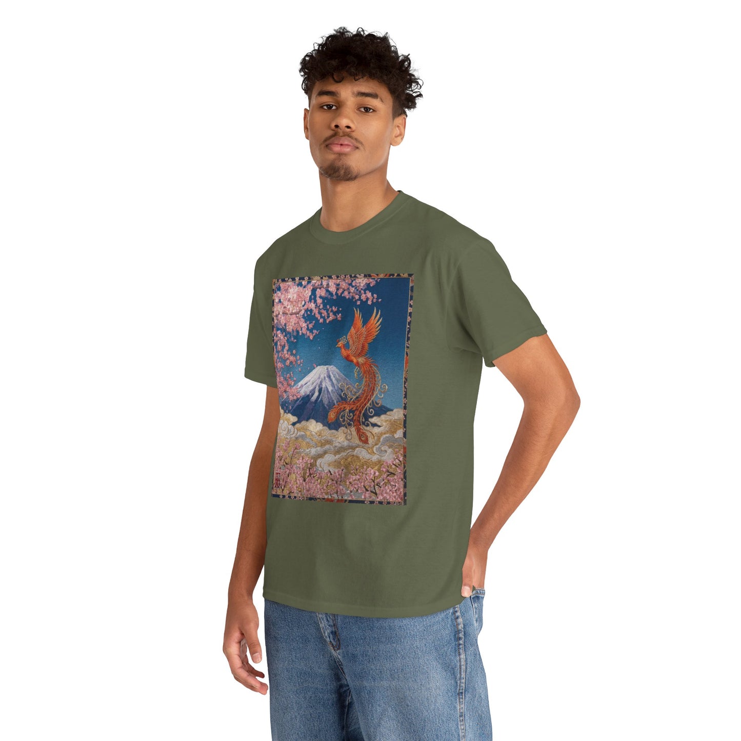 Japanese Phoenix Houou Mt Fuji Sakura T-Shirt - Japandi Zen Aesthetic Tee, Embroidery Texture Style, Mindfulness Gift HF3T | MU-NI Japan