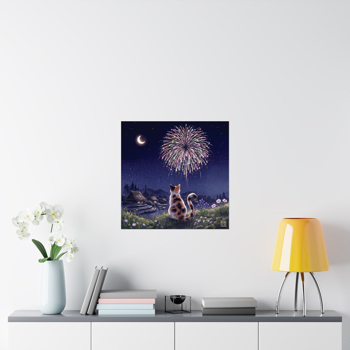 Calico Cat and Fireworks Art Print - Japanese Nostalgic Summer Night Poster | MU-NI Japan
