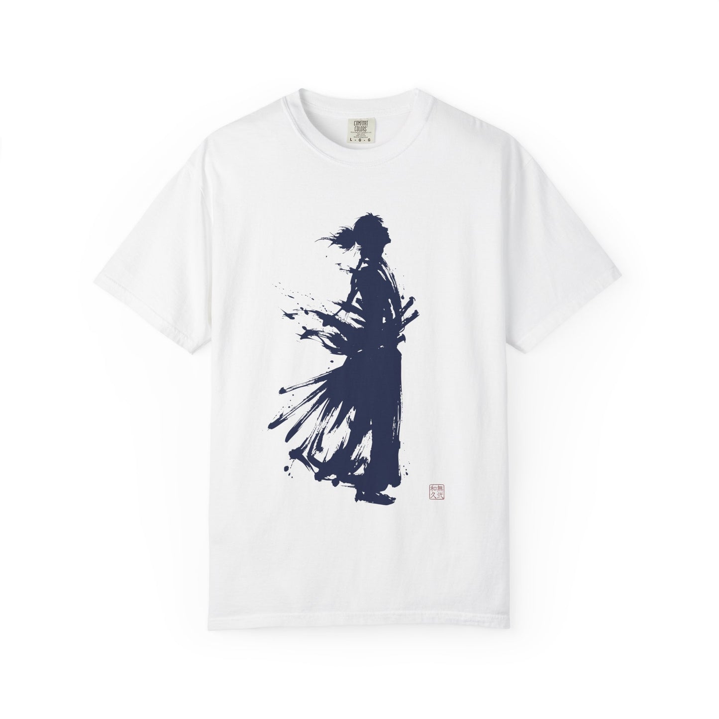 Minimalist Samurai Silhouette Zen T-Shirt - Japanese Calligraphy Kanji Shodo Art - One and Only Garment-Dyed Tee SR2T | MU-NI Japan