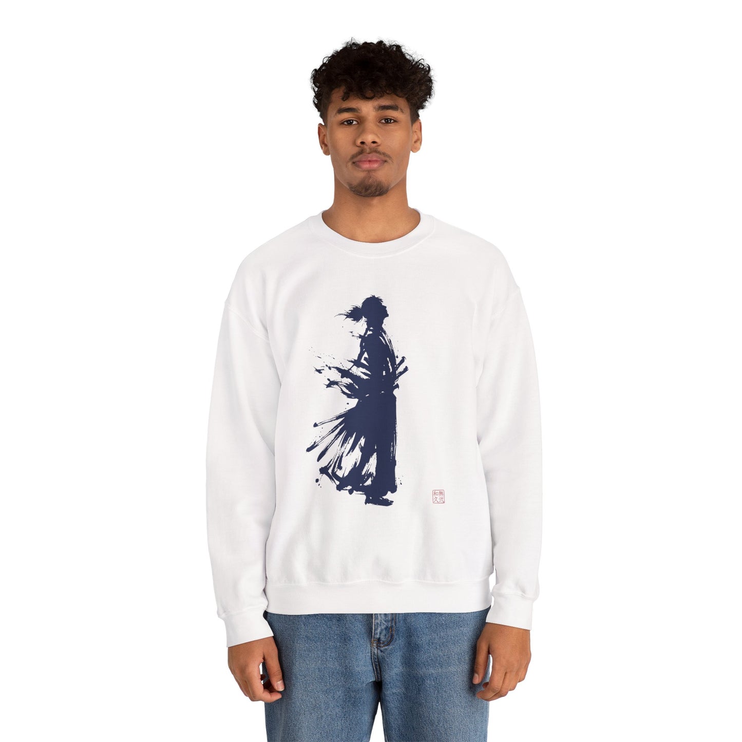 Minimalist Samurai Silhouette Unisex Crewneck Sweatshirt | "The One and Only" Shodo (Japanese Kanji Calligraphy),  SR2S | MU-NI Japan