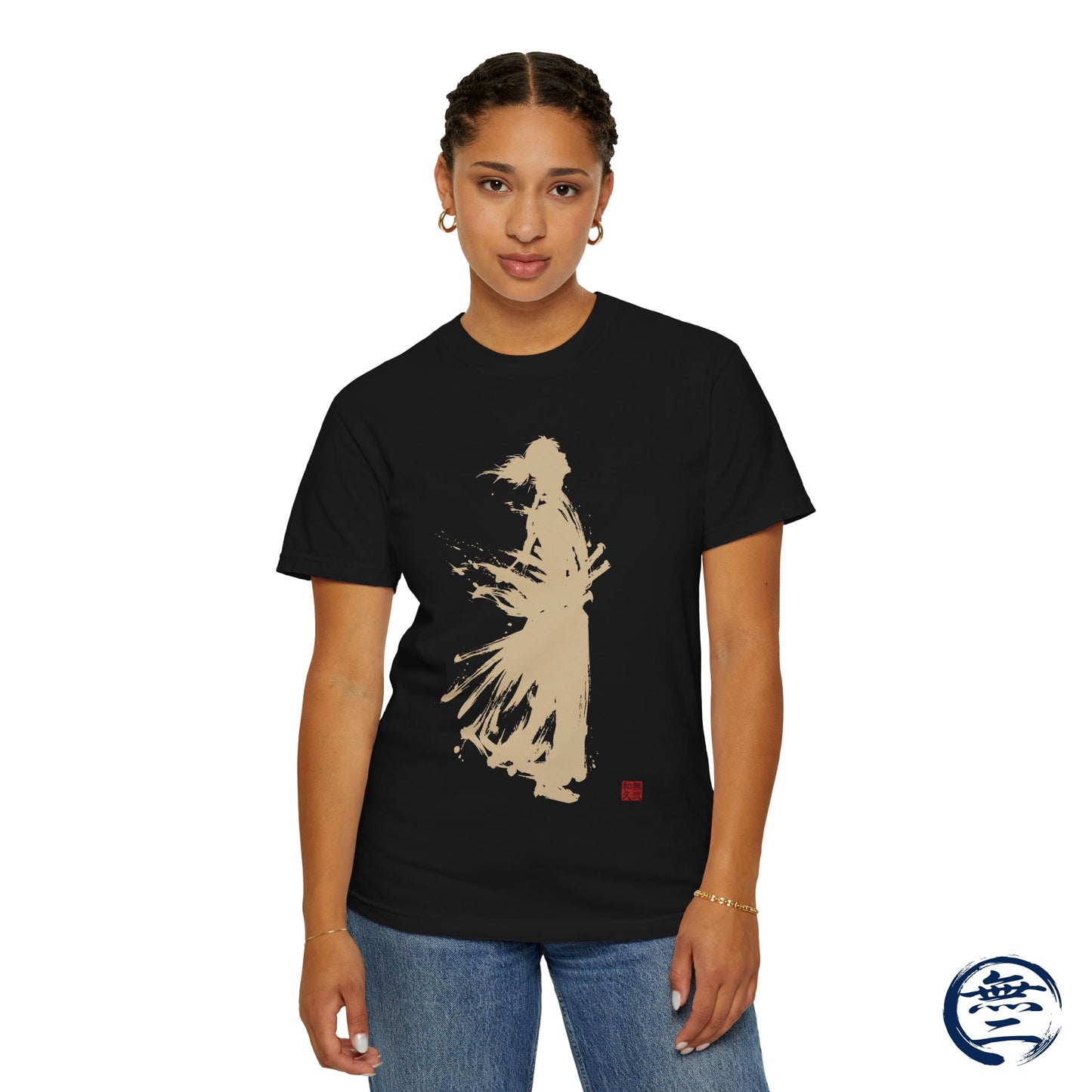 Minimalist Samurai Silhouette Zen T-Shirt - Japanese Calligraphy Kanji Shodo Art - One and Only Garment-Dyed Tee SR2U | MU-NI Japan