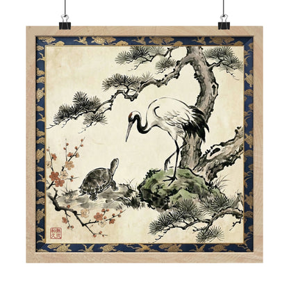 Japanese Crane and Turtle Pine and Plum Tree Matte Square Poster - Symbol of Longevity & Peace  | CT2K MU-NI Japan