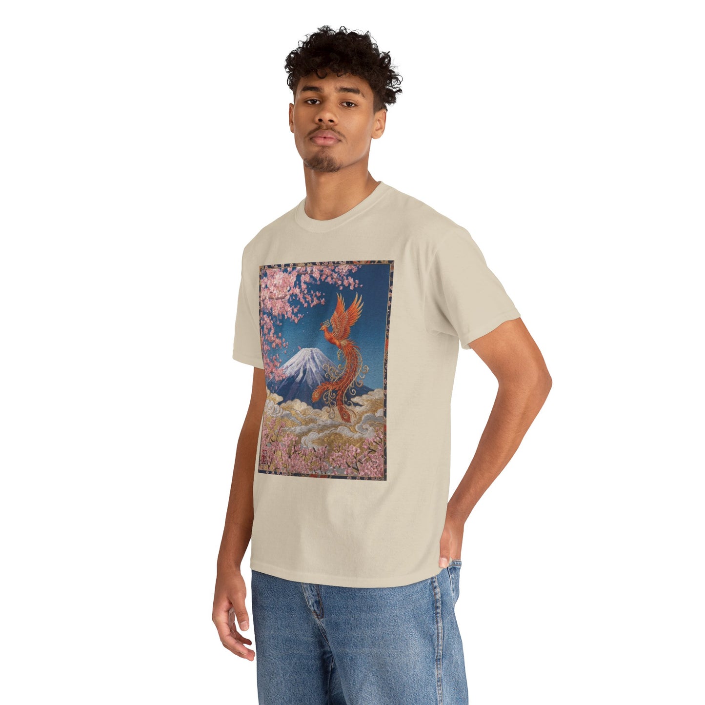 Japanese Phoenix Houou Mt Fuji Sakura T-Shirt - Japandi Zen Aesthetic Tee, Embroidery Texture Style, Mindfulness Gift HF3T | MU-NI Japan