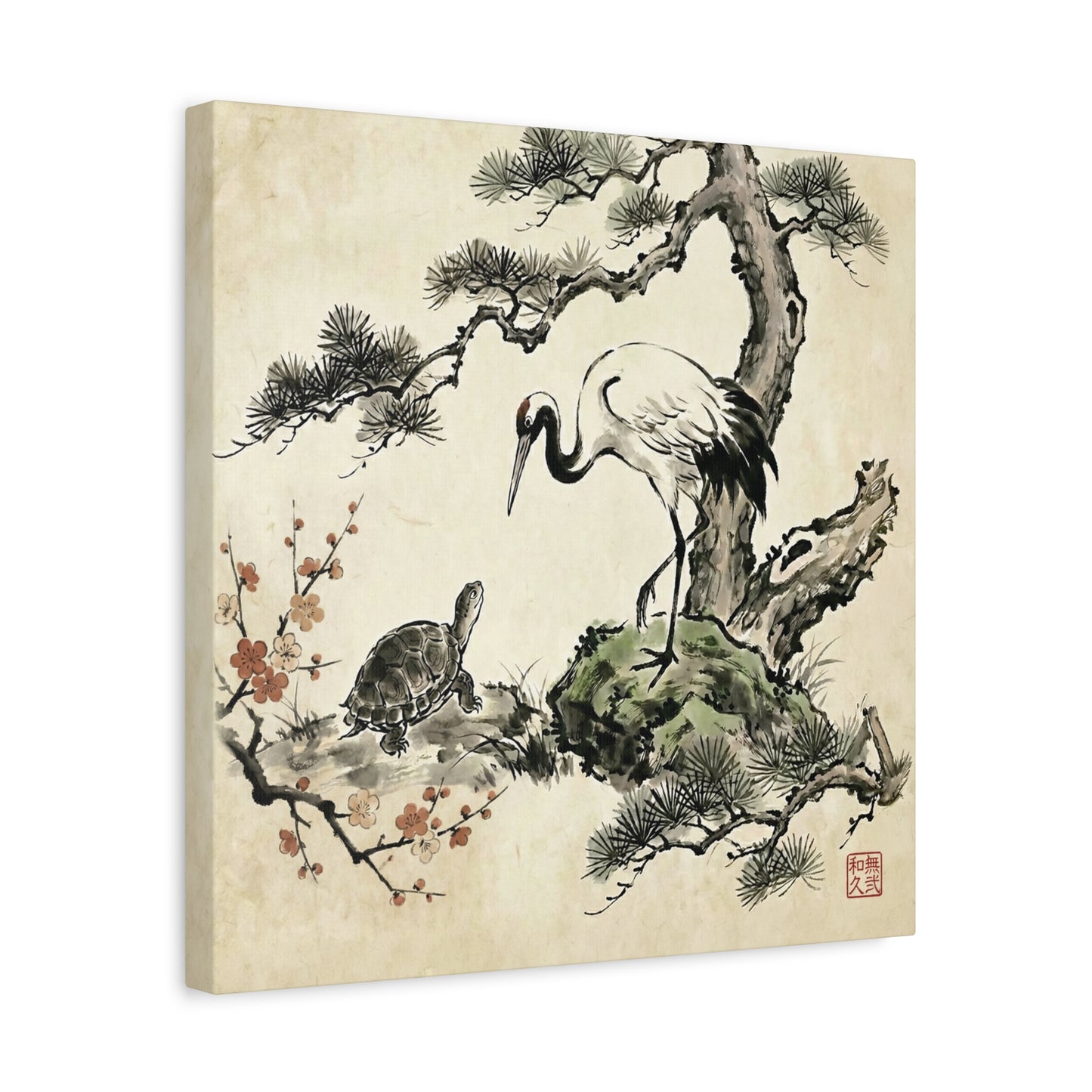Japanese Crane and Turtle Longevity Zen Ink Art Canvas - Tsuru and Kame  | CT2V MU-NI Japan