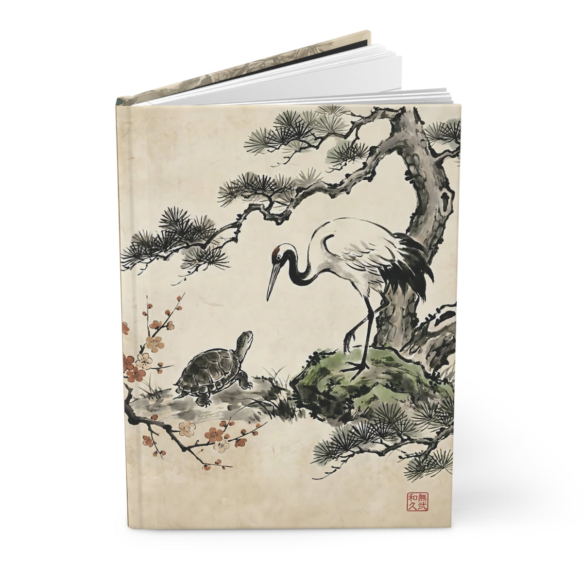 Japanese Crane and Turtle, Pine and Plum Tree Hardcover Journal Matte - Sumi-e Style, Symbol of Longevity & Peace | MU-NI Japan