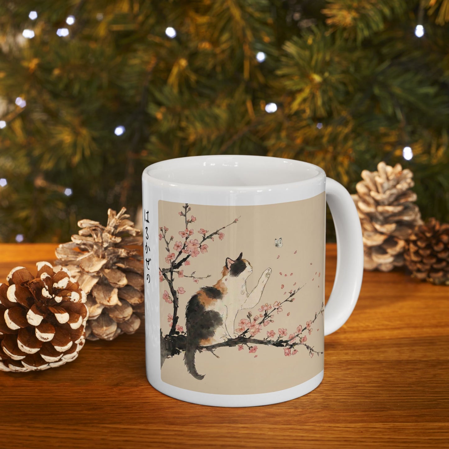 Japanese Calico Cat & Cherry Blossom Sakura Ceramic Mug | Zen Sumi-e Ink Art | Minimalist Japandi Coffee Cup 11oz 15oz CC2O | MU-NI Japan