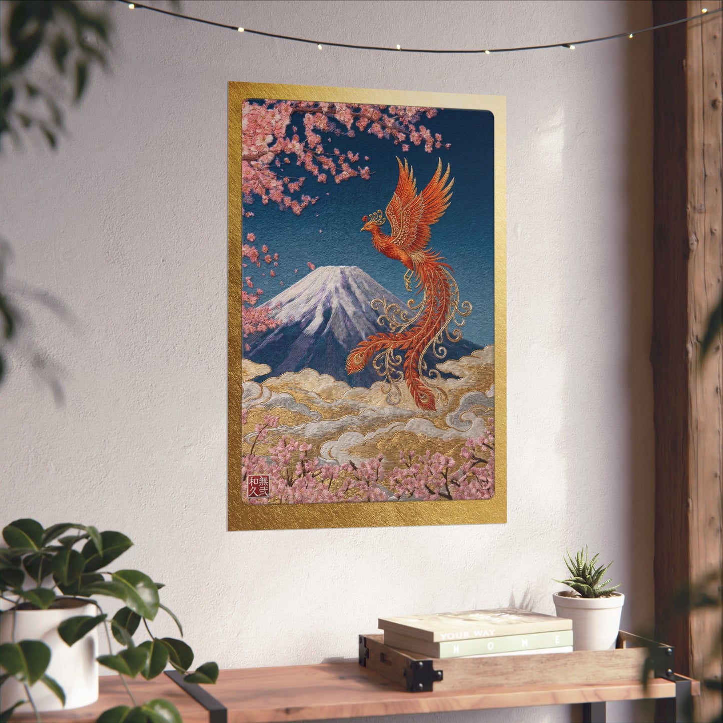 Japanese Phoenix Houou Mount Fuji Wall Art - Modern Embroidery Style Textured Poster | Zen Home Decor & Auspicious Gift HF3I | MU-NI Japan