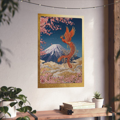 Japanese Phoenix Houou Mount Fuji Wall Art - Modern Embroidery Style Textured Poster | Zen Home Decor & Auspicious Gift HF3I | MU-NI Japan