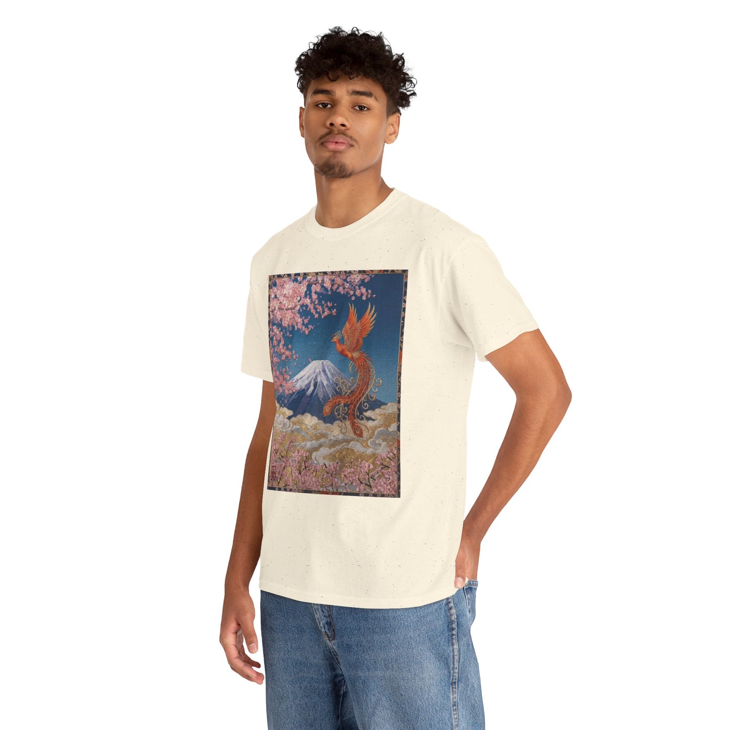 Japanese Phoenix Houou Mt Fuji Sakura T-Shirt - Japandi Zen Aesthetic Tee, Embroidery Texture Style, Mindfulness Gift HF3T | MU-NI Japan