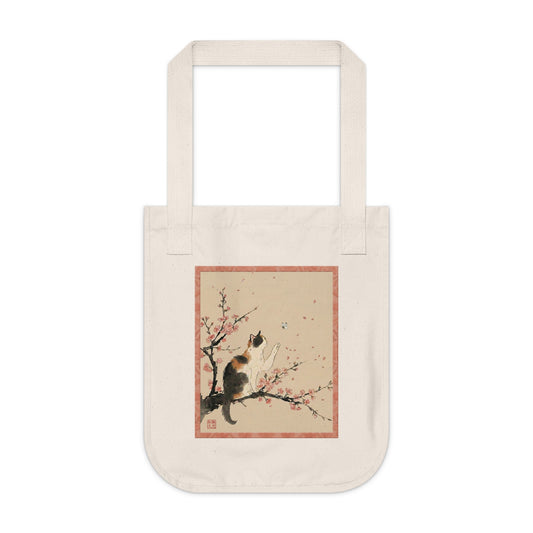 Japanese Calico Cat & Cherry Blossom "Sakura" Premium Organic Canvas Tote Bag | CC3B MU-NI Japan