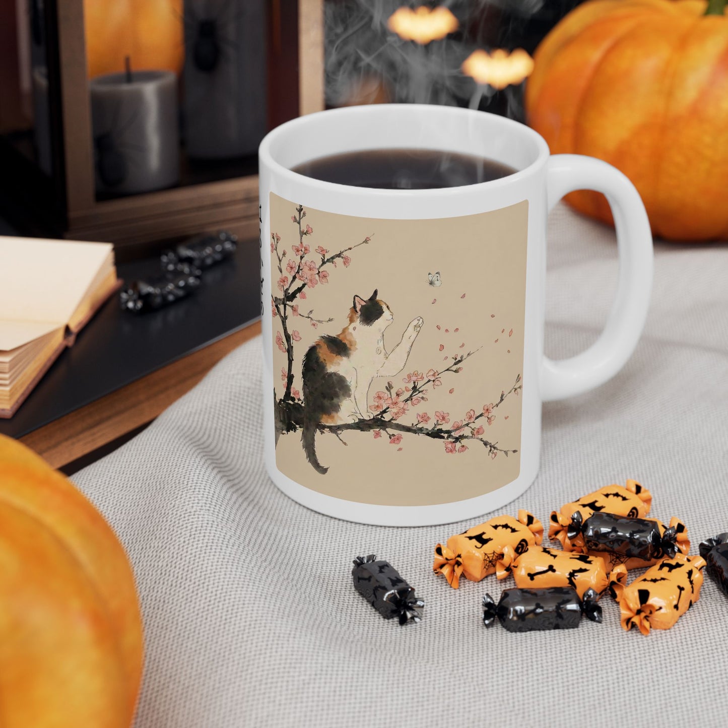 Japanese Calico Cat & Cherry Blossom Sakura Ceramic Mug | Zen Sumi-e Ink Art | Minimalist Japandi Coffee Cup 11oz 15oz CC2O | MU-NI Japan