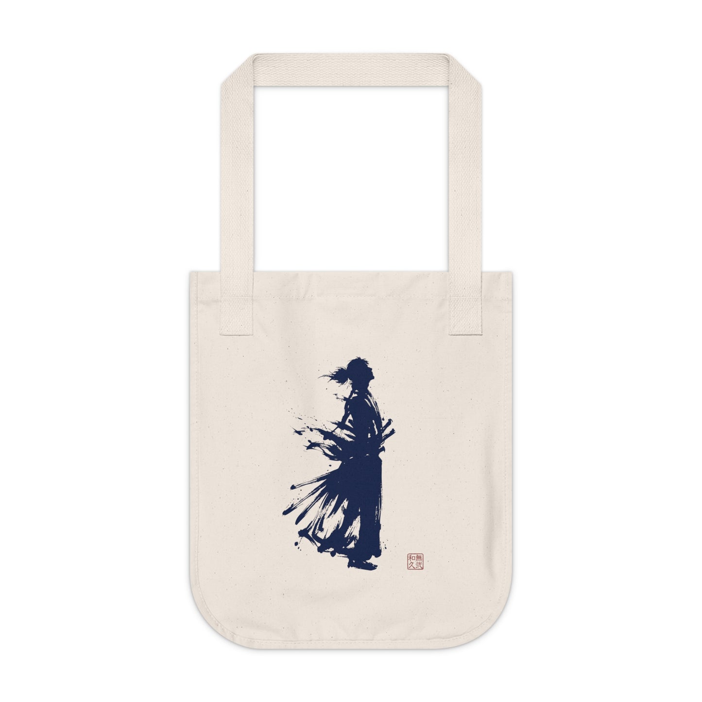 Samurai Warrior Silhouette Organic Cotton Tote Bag, Minimalist Japanese Calligraphy Art , Sustainable Eco-Friendly lgt SR2B | MU-NI Japan