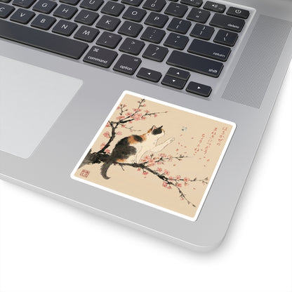 Japanese Calico Cat Cherry Blossom Sticker, Sakura & Butterfly Cat Lover Gift | MU-NI Japan