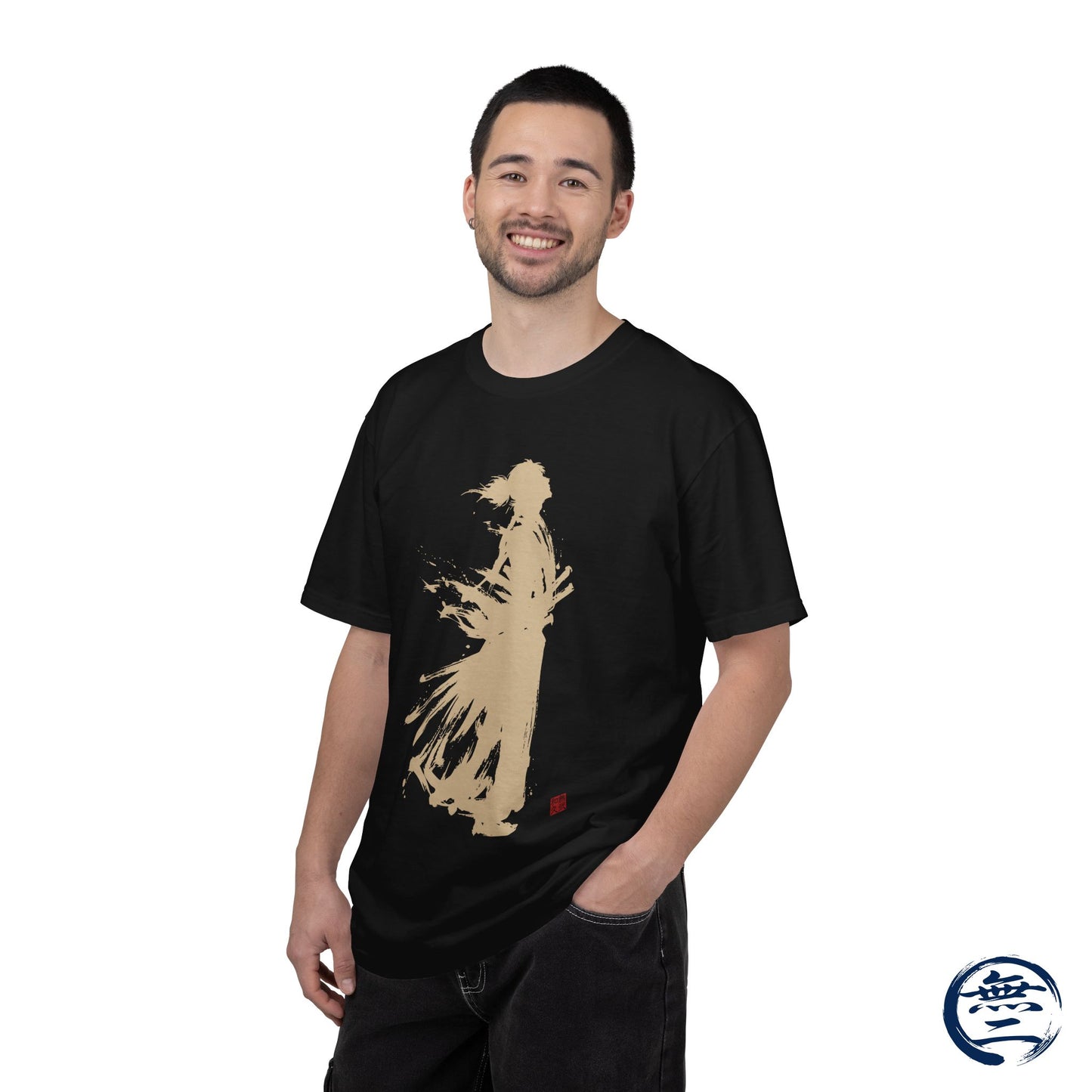 Minimalist Samurai Silhouette Zen T-Shirt - Japanese Calligraphy Kanji Shodo Art - One and Only Garment-Dyed Tee SR2U | MU-NI Japan