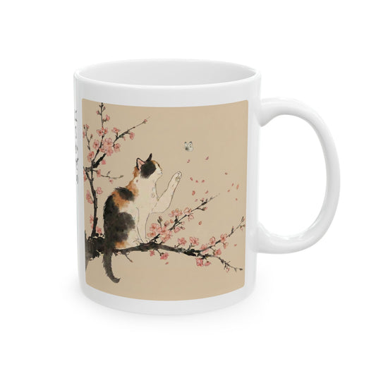 Calico Cat & Cherry Blossom Sakura Ceramic Mug - Japanese Poem Coffee Cup 11oz 15oz | CC2O MU-NI Japan