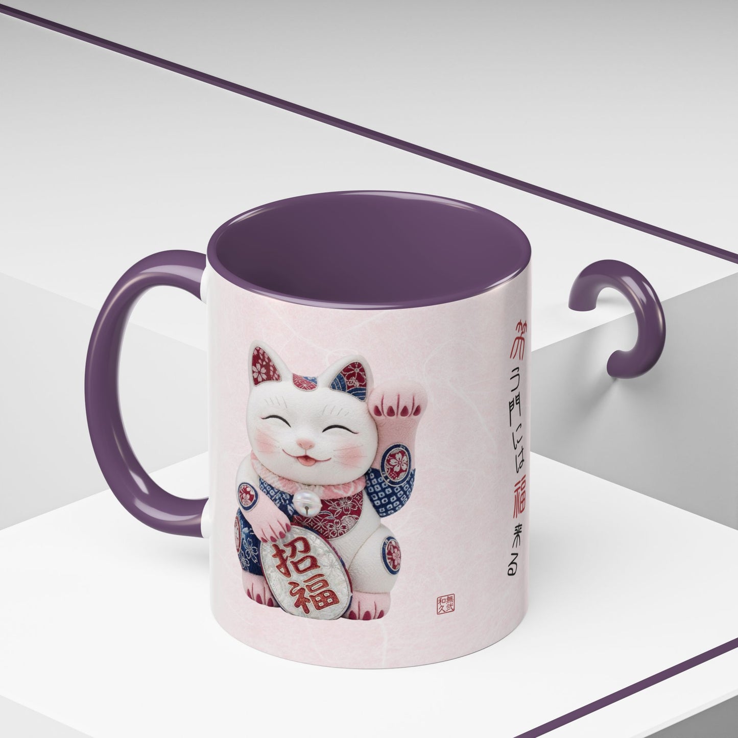 Shin-Maneki neko Modern Kimekomi Decor Style Mug (11oz) | Odd-Eye & Smile Dual Design- Beckon Health and Happiness MS2M | MU-NI Japan