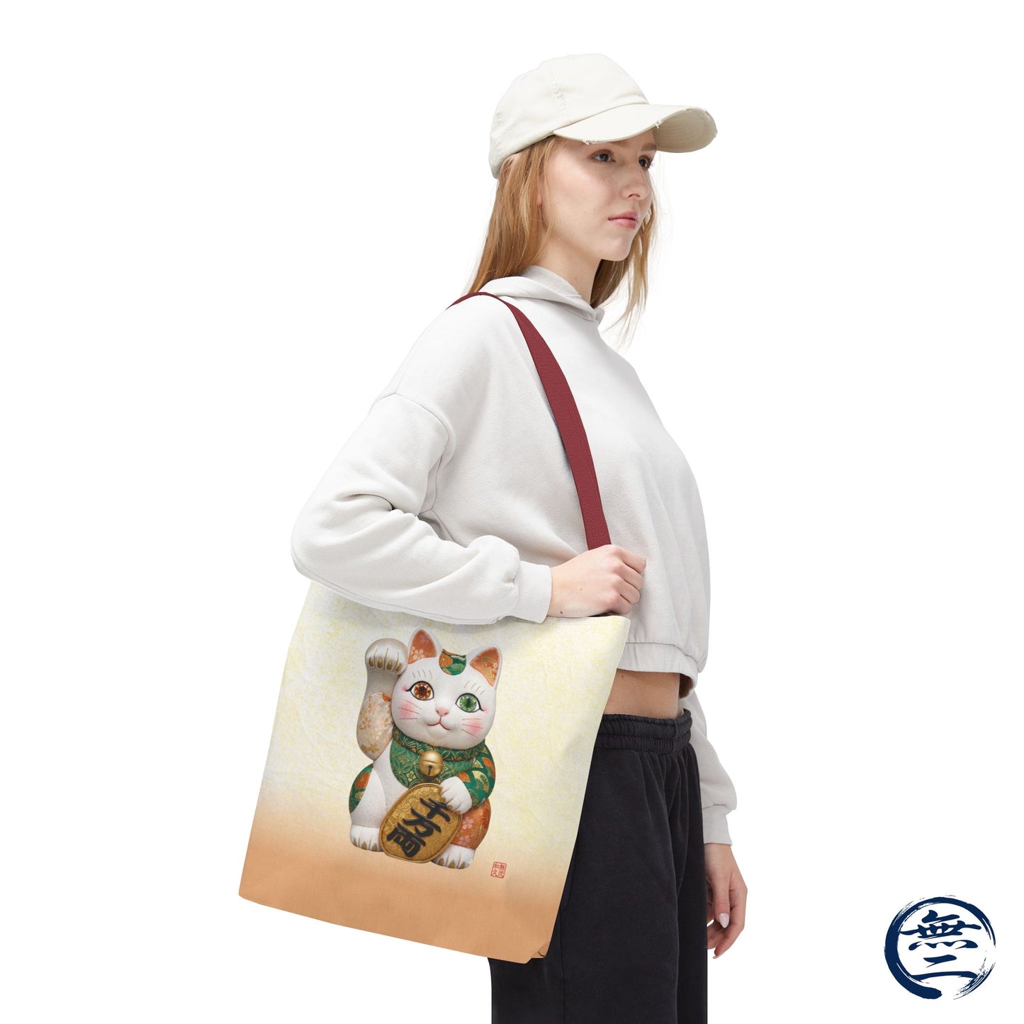 Shin-Maneki neko Modern Kimekomi Decor Style Tote Bag | Kawaii Odd-Eye & Smile Dual Design- Beckon Wealth and Prosperity MK2D | MU-NI Japan