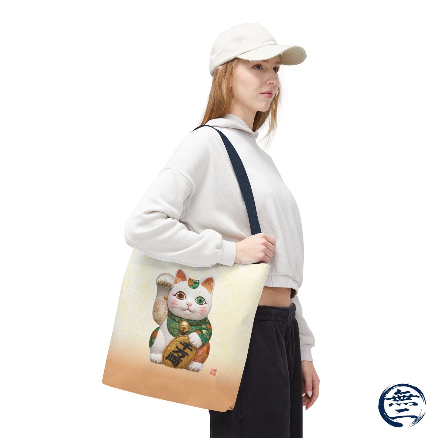 Shin-Maneki neko Modern Kimekomi Decor Style Tote Bag | Kawaii Odd-Eye & Smile Dual Design- Beckon Wealth and Prosperity MK2D | MU-NI Japan