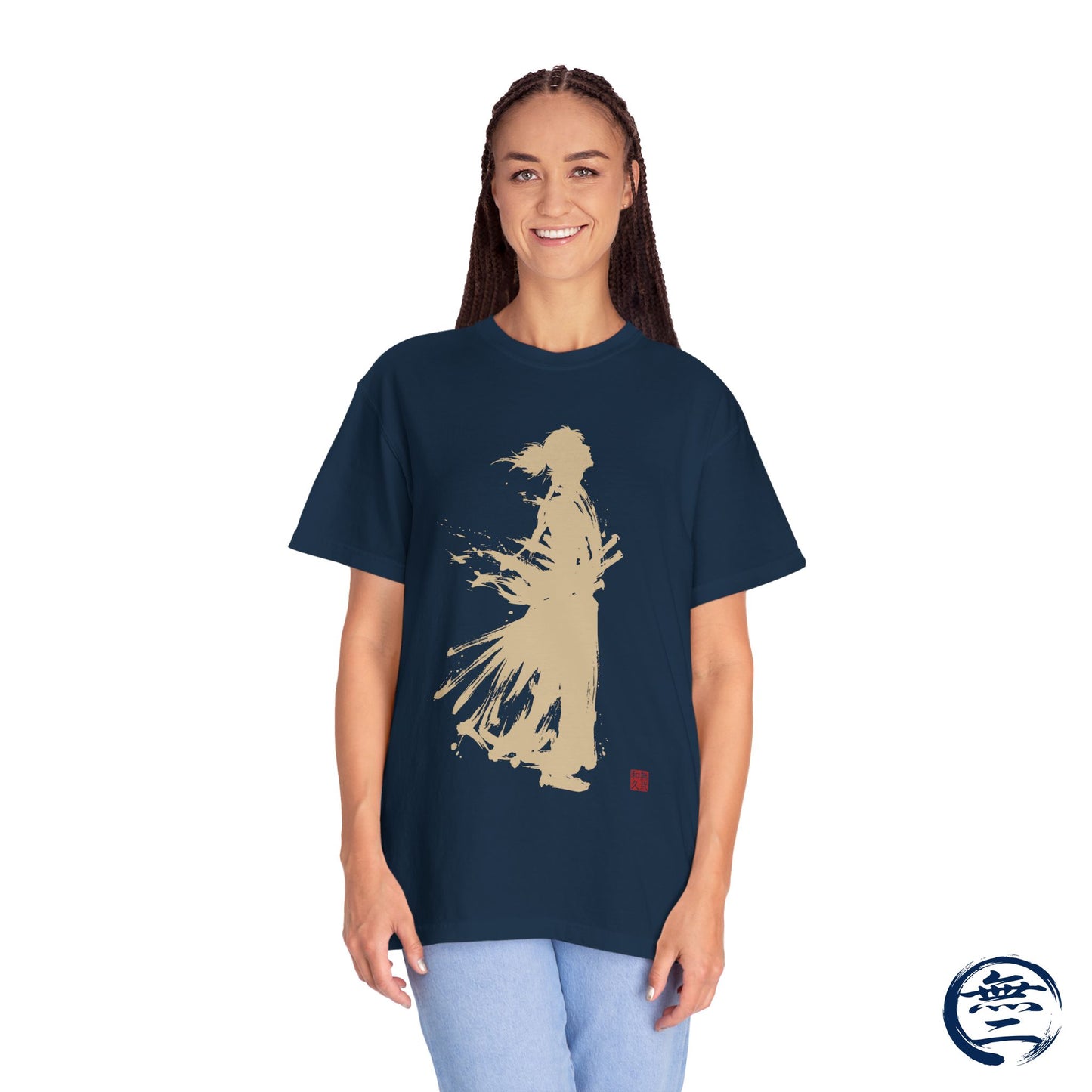 Minimalist Samurai Silhouette Zen T-Shirt - Japanese Calligraphy Kanji Shodo Art - One and Only Garment-Dyed Tee SR2U | MU-NI Japan