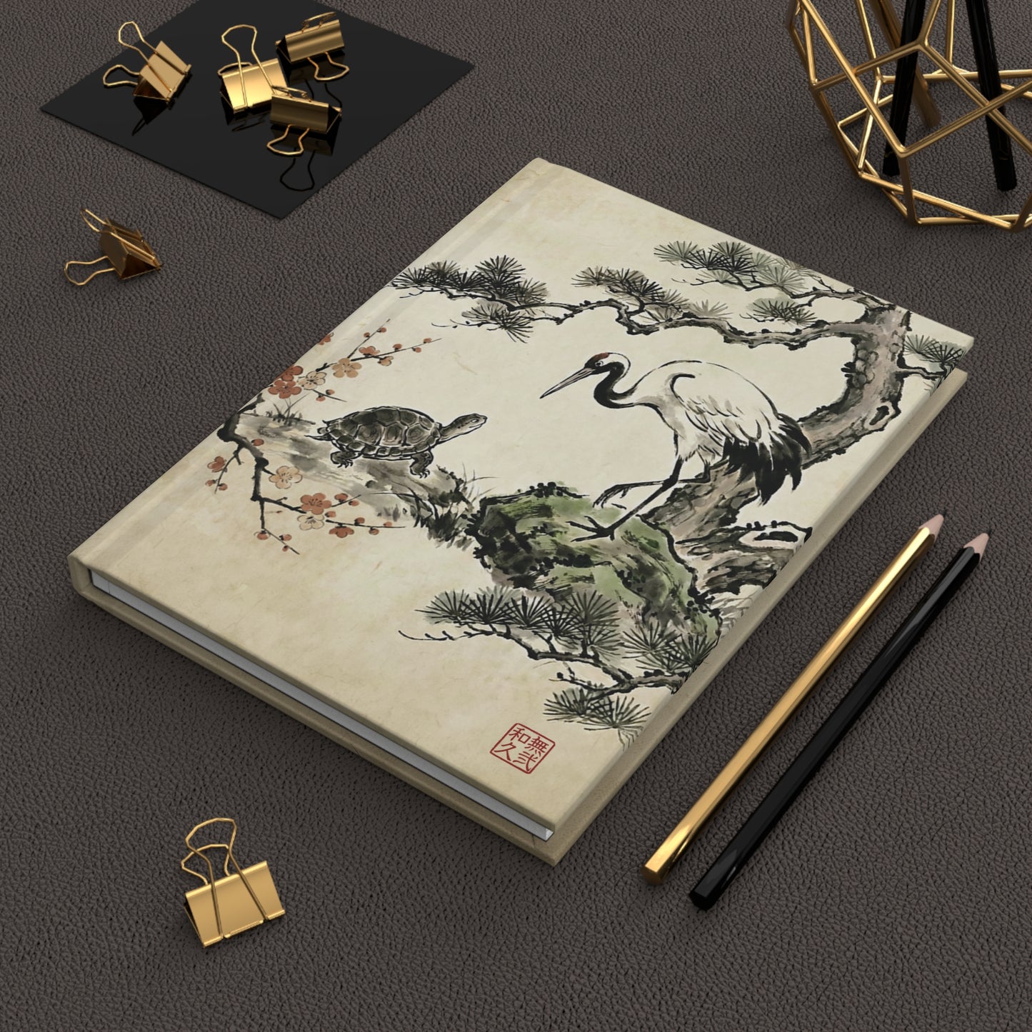 Japanese Crane and Turtle Hardcover Journal Matte - Sumi-e Style, Symbol of Longevity & Peace, Zen Wall Art for Home Decor CT3J | MU-NIJapan
