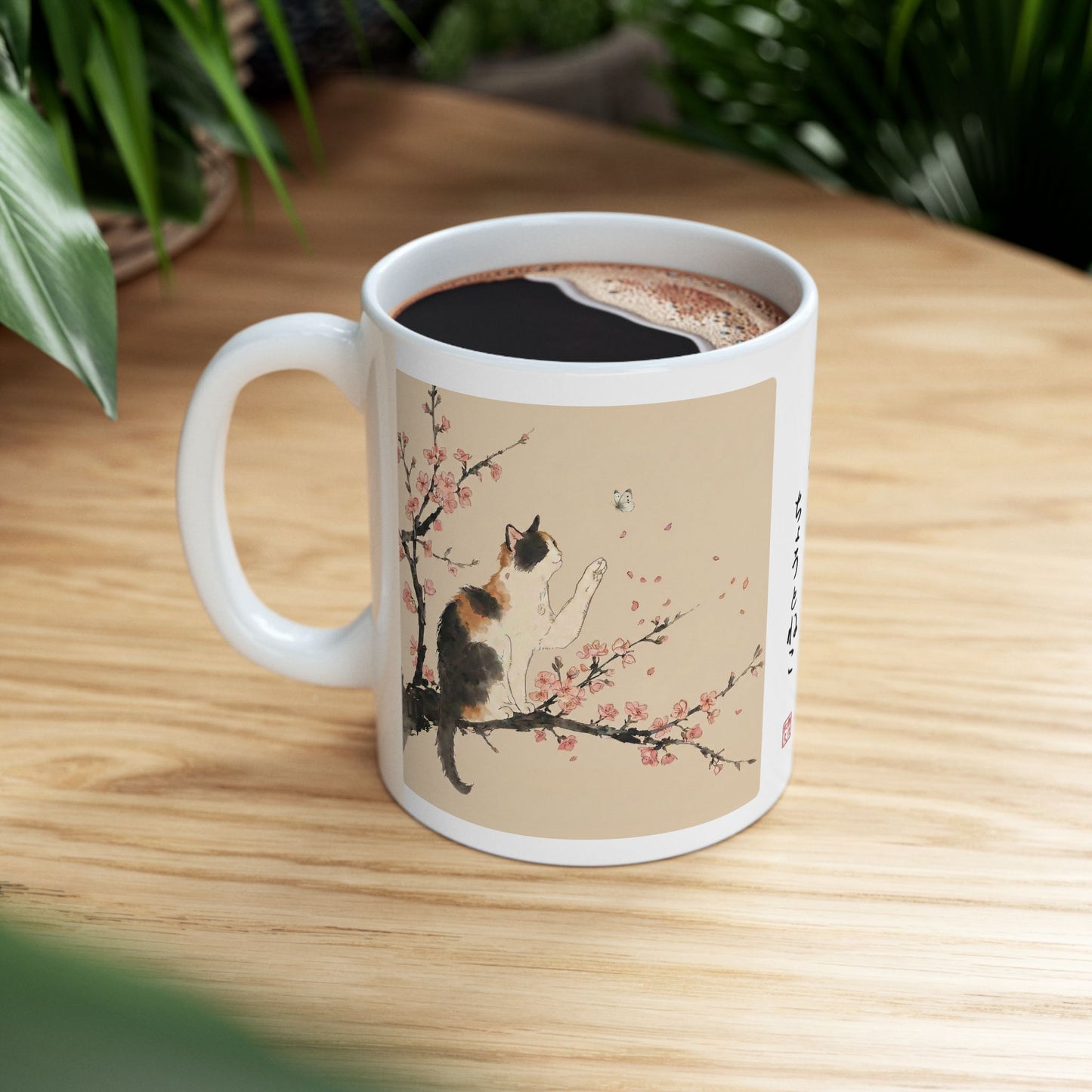 Japanese Calico Cat & Cherry Blossom Sakura Ceramic Mug | Zen Sumi-e Ink Art | Minimalist Japandi Coffee Cup 11oz 15oz CC2O | MU-NI Japan