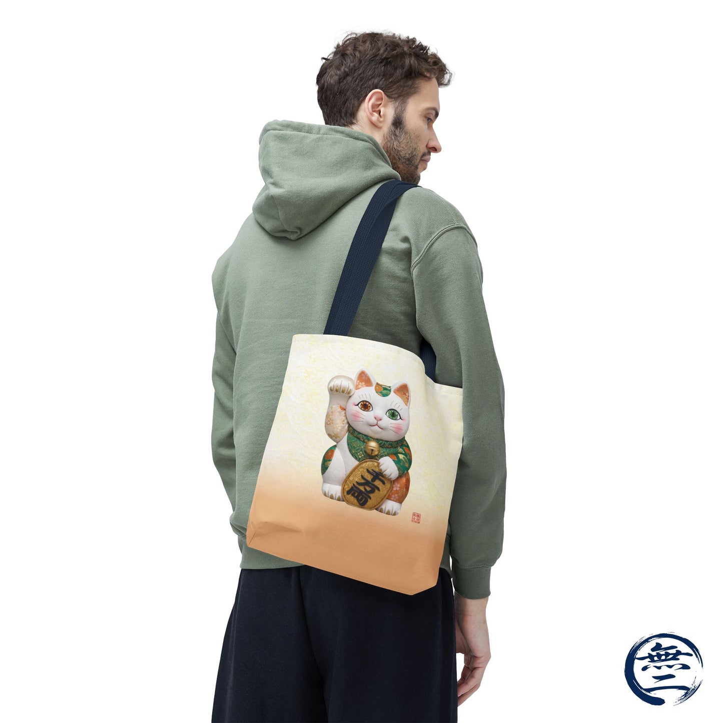 Shin-Maneki neko Modern Kimekomi Decor Style Tote Bag | Kawaii Odd-Eye & Smile Dual Design- Beckon Wealth and Prosperity MK2D | MU-NI Japan