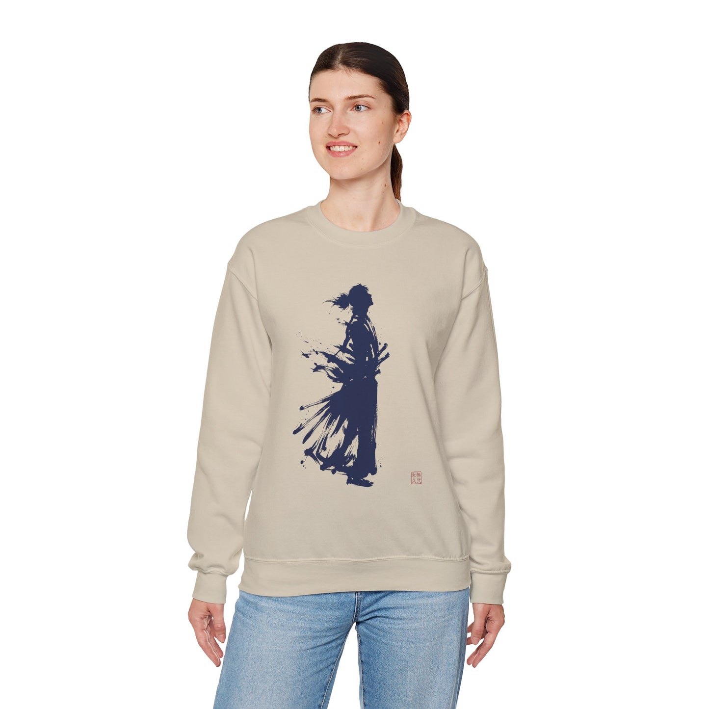 Minimalist Samurai Silhouette Unisex Crewneck Sweatshirt | "The One and Only" Shodo (Japanese Kanji Calligraphy),  SR2S | MU-NI Japan