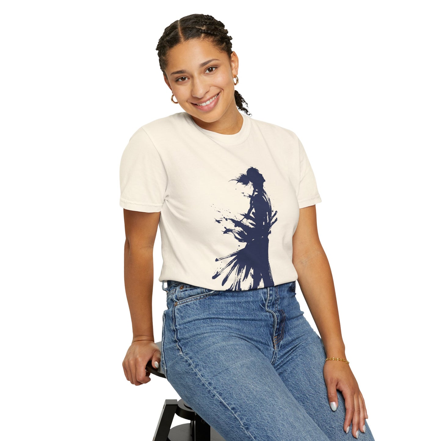 Minimalist Samurai Silhouette Zen T-Shirt - Japanese Calligraphy Kanji Shodo Art - One and Only Garment-Dyed Tee SR2T | MU-NI Japan