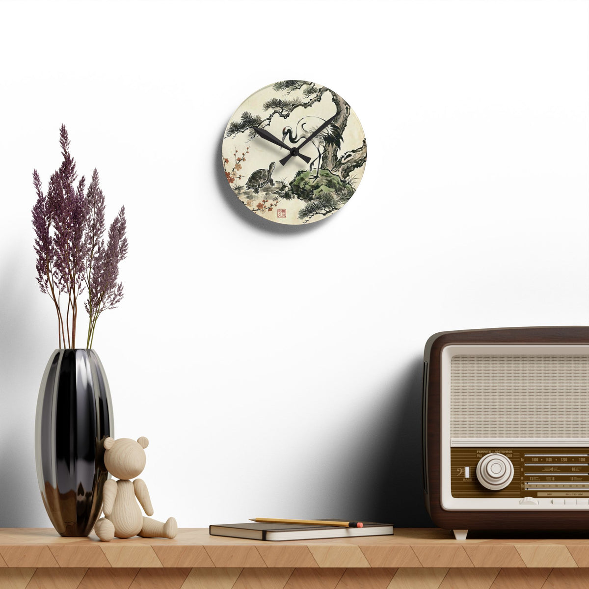 Japanese Crane and Turtle, Pine and Plum Wall Clock - Symbol of Longevity & Peace Wall Art | MU-NI Japan