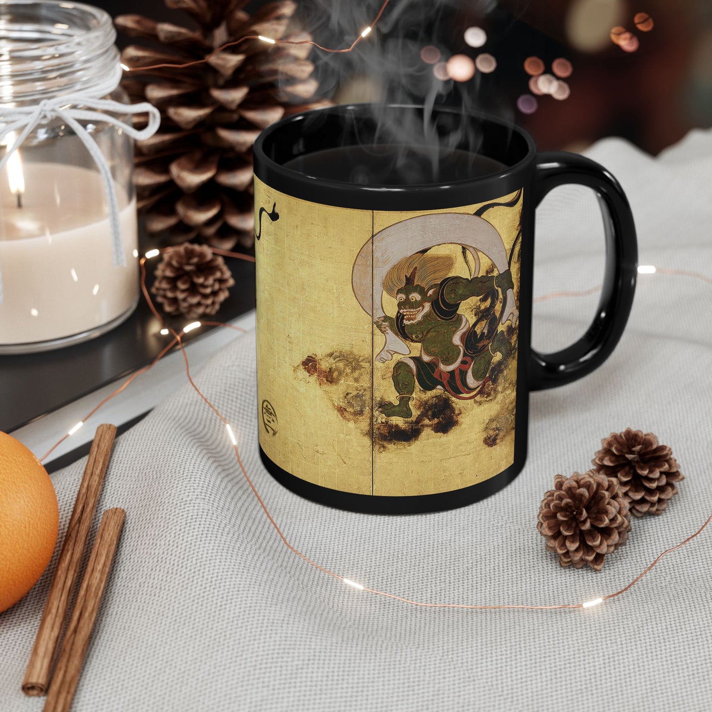 Fujin and Raijin Black Ceramic Mug 11oz - Tawaraya Sotatsu Traditional Japanese Art | RHC MU-NI Japan