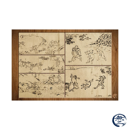 Choju Giga Frogs and Rabbits Woodburn Style Japanese Art Print- -3D Printed Frame Effect Wall Decor Poster | MU-NI Japan