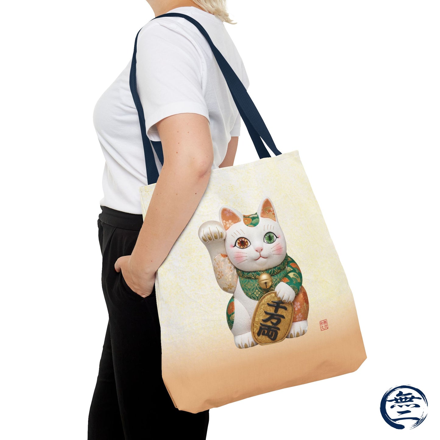 Shin-Maneki neko Modern Kimekomi Decor Style Tote Bag | Kawaii Odd-Eye & Smile Dual Design- Beckon Wealth and Prosperity MK2D | MU-NI Japan