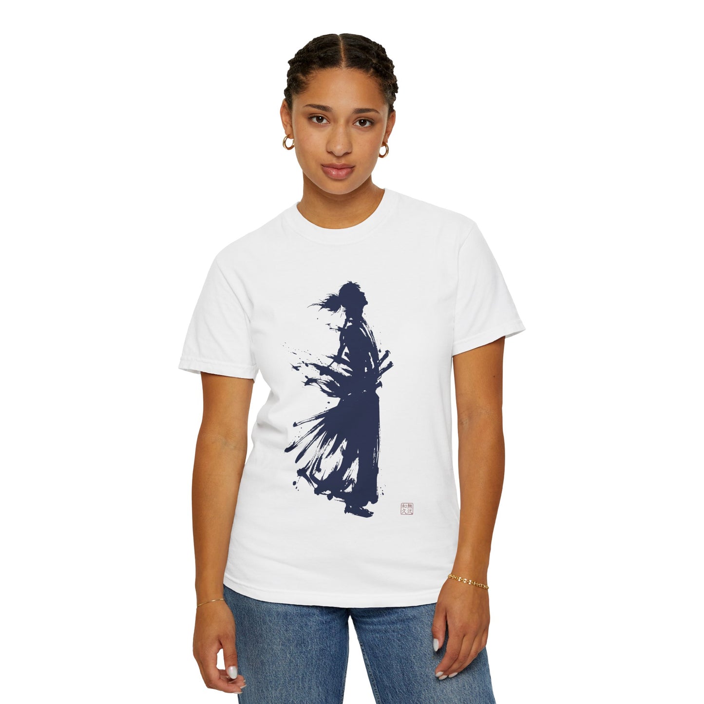Minimalist Samurai Silhouette Zen T-Shirt - Japanese Calligraphy Kanji Shodo Art - One and Only Garment-Dyed Tee SR2T | MU-NI Japan