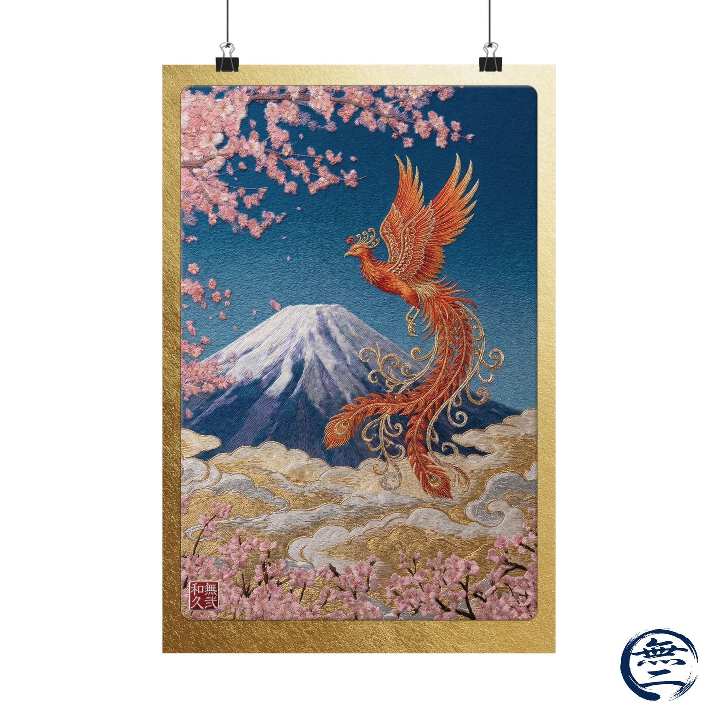 Japanese Phoenix Houou Mount Fuji Wall Art - Modern Embroidery Style Textured Poster | Zen Home Decor & Auspicious Gift HF3I | MU-NI Japan