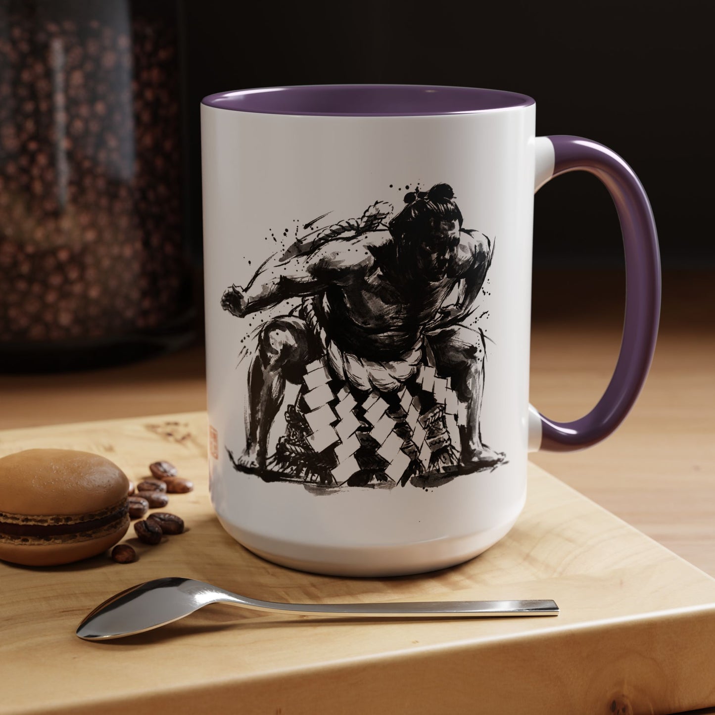 Sumo Wrestler Yokozuna Spirit Large Coffee Mug - Japanese Kanji Calligraphy Art Cup, Zen Aesthetic 15oz Japandi Gift SY1M | MU-NI Japan