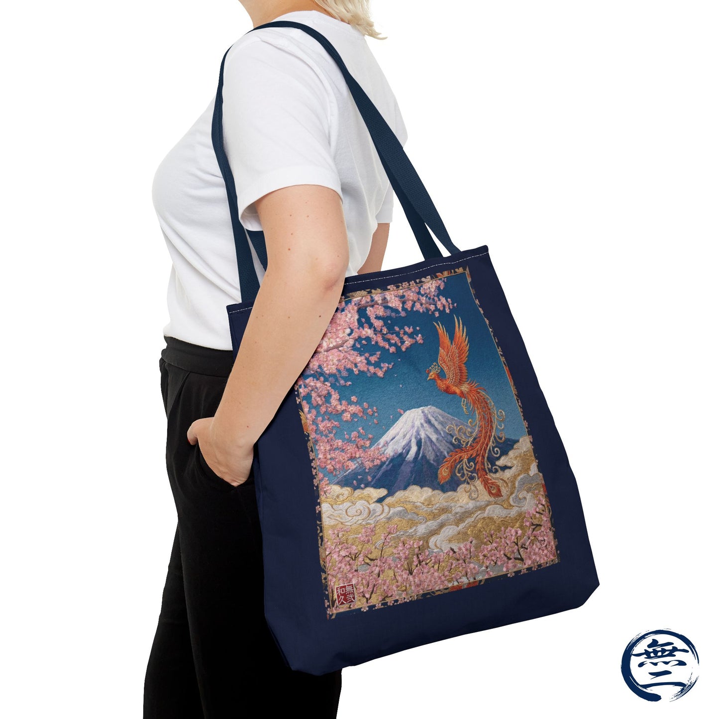 Japanese Phoenix Houou Mt Fuji Sakura Aop Tote Bag - Japandi Zen Aesthetic, Embroidery Texture Style, Mindfulness Gift HF3D | MU-NI Japan