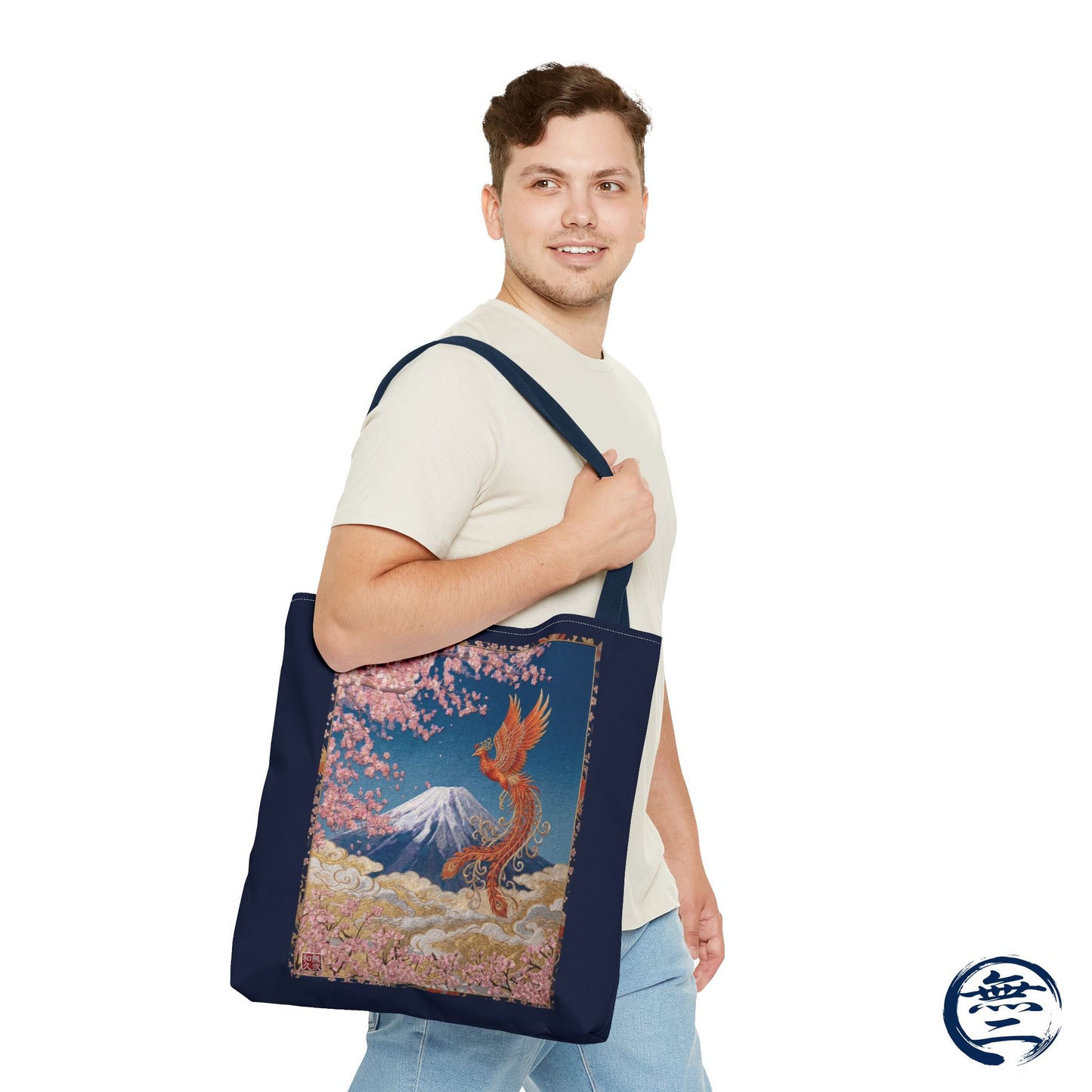 Japanese Phoenix Houou Mt Fuji Sakura Aop Tote Bag - Japandi Zen Aesthetic, Embroidery Texture Style, Mindfulness Gift HF3D | MU-NI Japan
