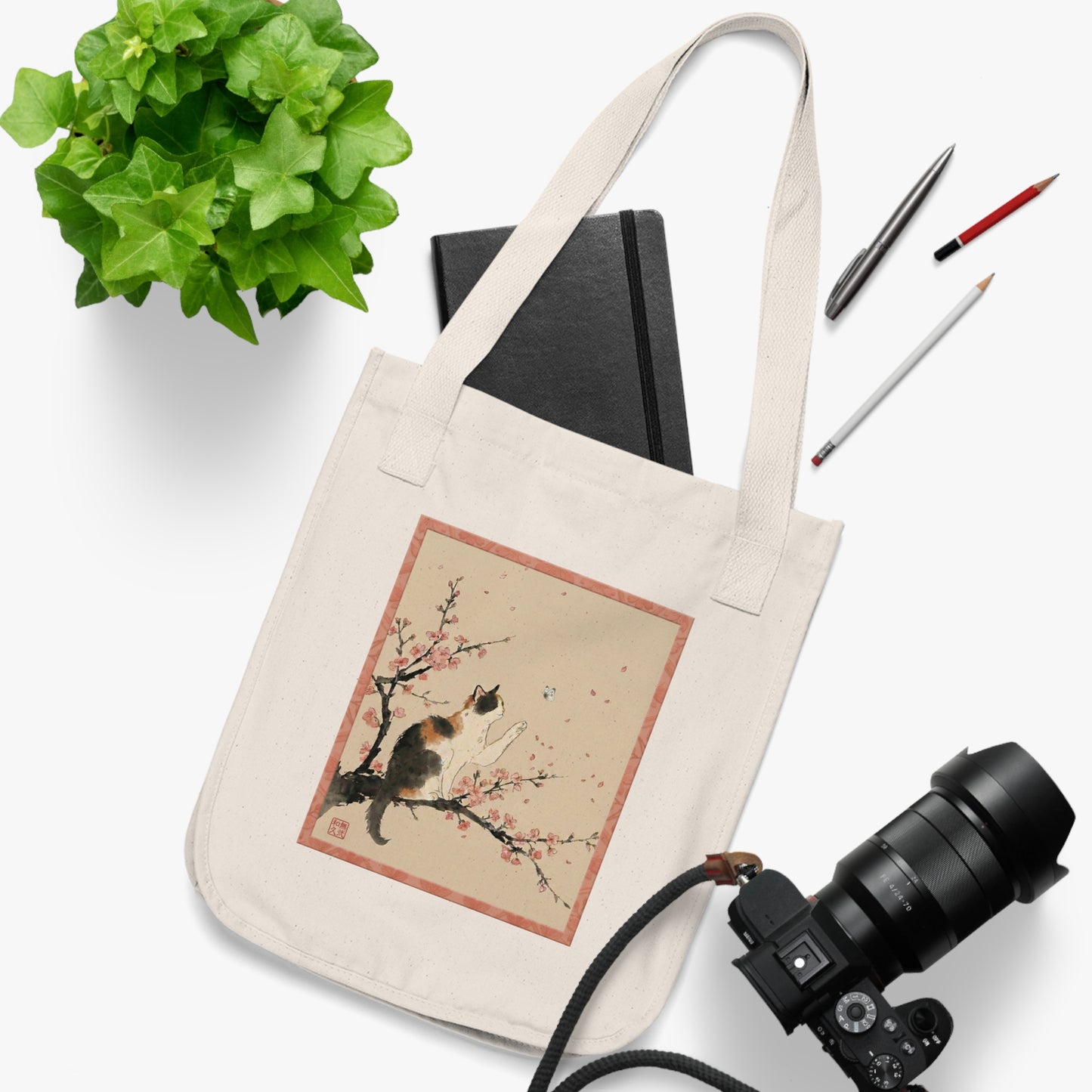 Japanese Calico Cat & Cherry Blossom "Sakura" Premium Organic Canvas Tote Bag | CC3B MU-NI Japan