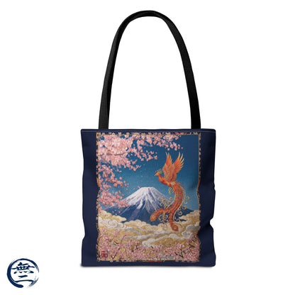 Japanese Phoenix Houou Mt Fuji Sakura Aop Tote Bag - Japandi Zen Aesthetic, Embroidery Texture Style, Mindfulness Gift HF3D | MU-NI Japan