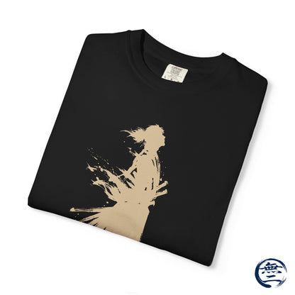Minimalist Samurai Silhouette Zen T-Shirt - Japanese Calligraphy Kanji Shodo Art - One and Only Garment-Dyed Tee SR3U | MU-NI Japan
