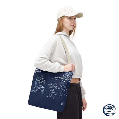 Choju Giga Tote Bag -AIZOME- Japanese Indigo Style Frogs and Rabbits Vintage Scroll Art | MU-NI Japan