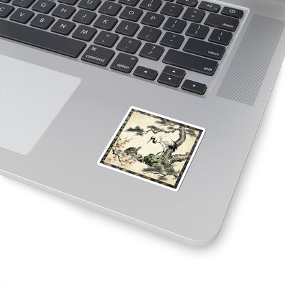 Japanese Crane and Turtle Longevity Sticker -  Pine & Plum Sumi-e Tsuru Kame Lucky Asian Decor | MU-NI Japan