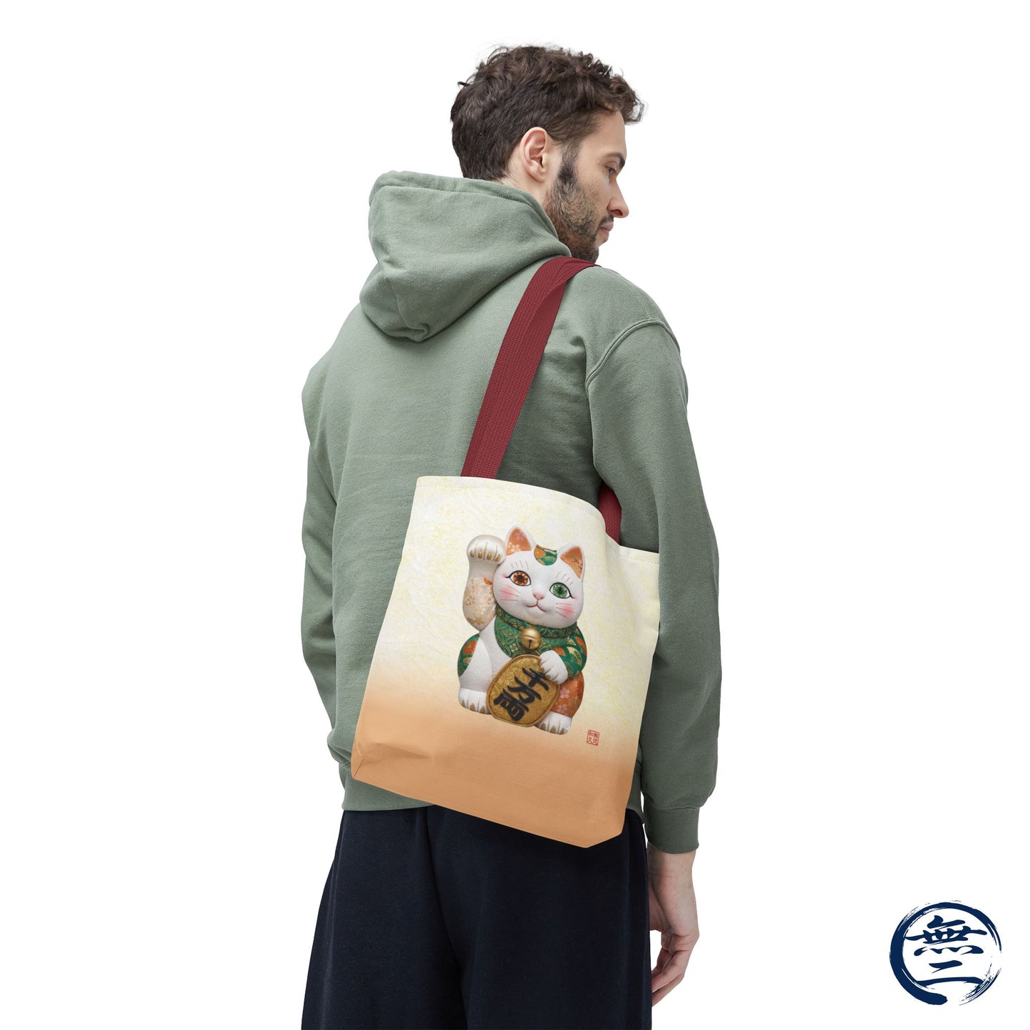 Shin-Maneki neko Modern Kimekomi Decor Style Tote Bag | Kawaii Odd-Eye & Smile Dual Design- Beckon Wealth and Prosperity MK2D | MU-NI Japan