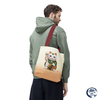 Shin-Maneki neko Modern Kimekomi Decor Style Tote Bag | Kawaii Odd-Eye & Smile Dual Design- Beckon Wealth and Prosperity MK2D | MU-NI Japan