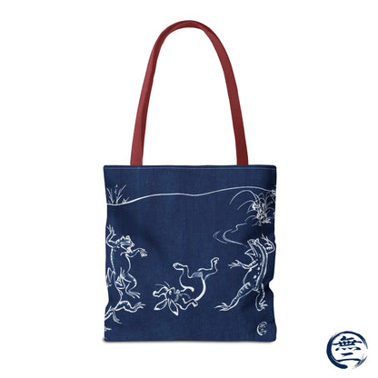 Choju Giga Tote Bag -AIZOME- Japanese Indigo Style Frogs and Rabbits Vintage Scroll Art | MU-NI Japan