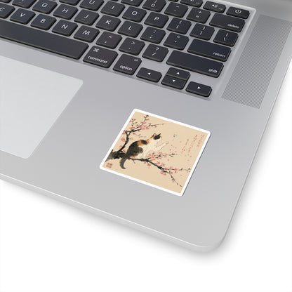 Japanese Calico Cat Cherry Blossom Sticker, Sakura & Butterfly Cat Lover Gift | MU-NI Japan