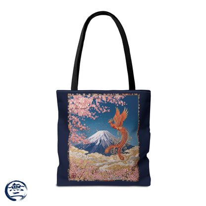 Japanese Phoenix Houou Mt Fuji Sakura Aop Tote Bag - Japandi Zen Aesthetic, Embroidery Texture Style, Mindfulness Gift HF3D | MU-NI Japan